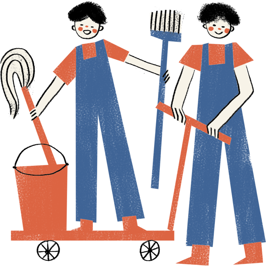 Ilustrace dvou uklízečů s mopem, smetákem a vozíkem